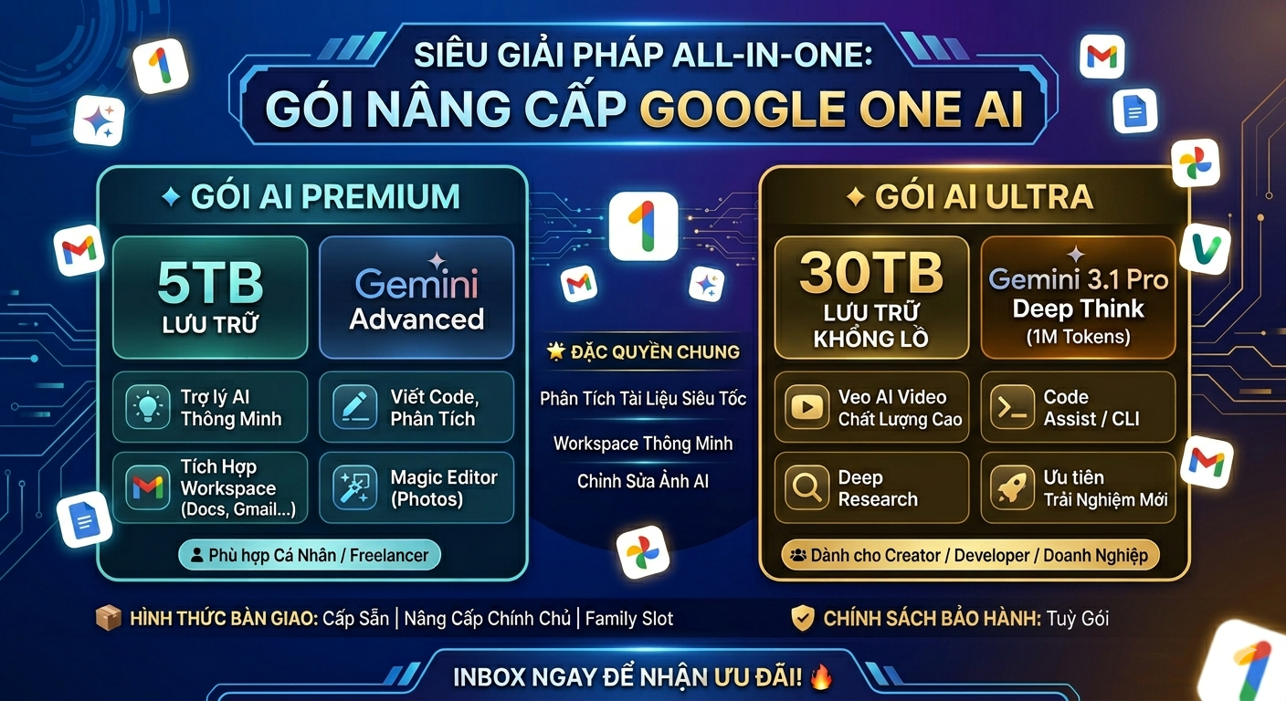 Nâng cấp chính chủ hoặc cấp sẵn tài khoản Gemini Pro, Google One 5TB, Anti Gravity Ultra. Chỉnh sách bảo hành hợp lý với mức giá!