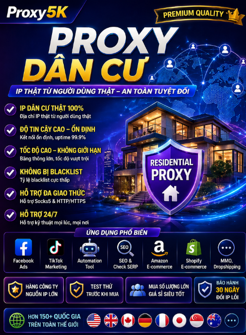 Proxy Dân Cư IPv4 US - Chuẩn Mỹ - IP Private - Tốc Độ Cao - Hàng Pro
