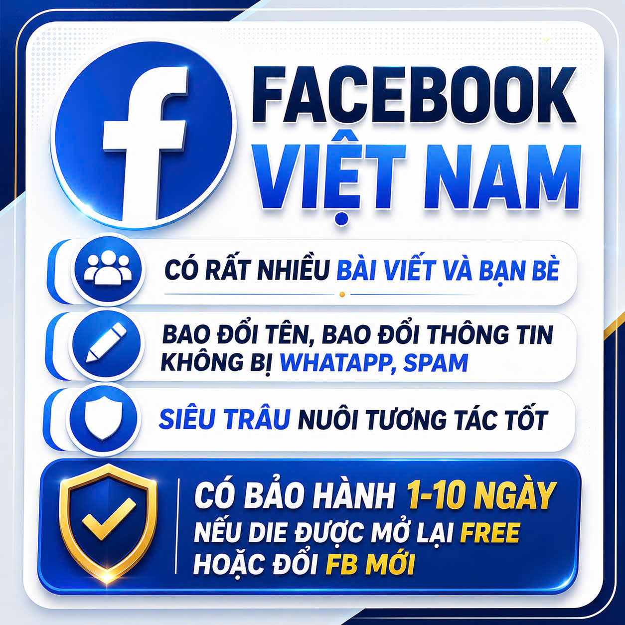 Facebook Việt Nam Có Rất Nhiều Bài Viết Và Bạn Bè, Bao Đổi Tên,Bao Đổi Thông Tin Không Bị Whatapp,Nuôi Tương Tác Siêu Ngon Có Bảo Hành 1-10 Ngày Nếu Die Được Mở Lại Free Hoặc Đổi FB Mới