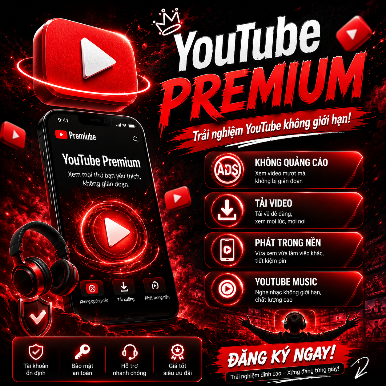 YOUTUBE PREMIUM CHÍNH CHỦ (BẢO HÀNH FULL THỜI GIAN THEO GÓI)