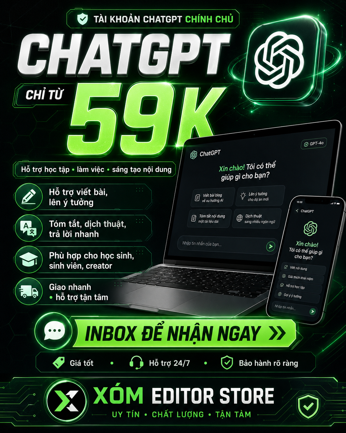 Chatgpt dùng riêng 1th giá chỉ từ 59k