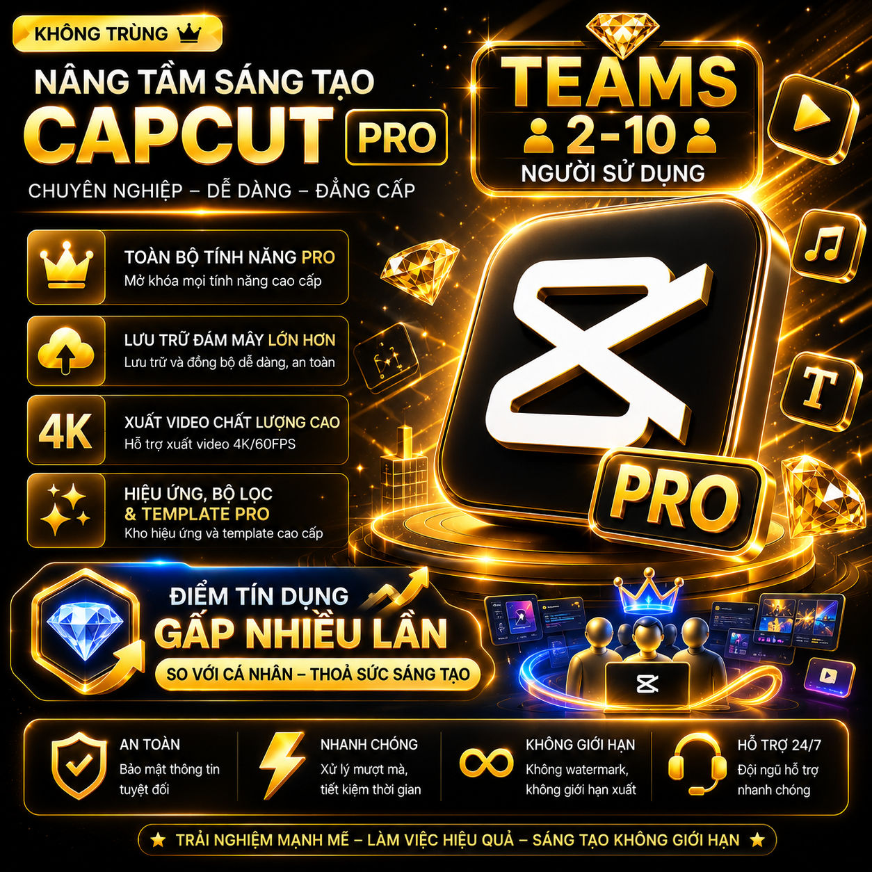 CAPCUT TEAM - FULL TÍNH NĂNG PRO, TÍN DỤNG CAO GẤP NHIỀU LẦN SO VỚI TK CÁ NHÂN - 2 TỚI 10 NGƯỜI SỬ DỤNG KHÔNG GIAN LÀM VIỆC TỪ 1TB ĐƯỢC CẤP - TK CẤP DÙNG RIÊNG - BHF