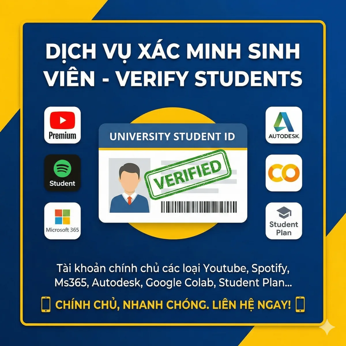 Verify sinh viên students tài khoản chính chủ các loại Youtube, Spotify,Ms365, Autodesk, Google....